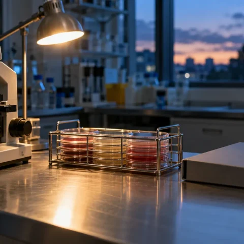Paillasse de laboratoire déserte avec microscope, boîtes de culture et classeur fermé