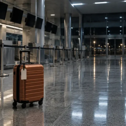 Valise seule devant un comptoir d'enregistrement fermé, dans une aérogare vide la nuit