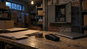 Arrière-boutique de commerce en ligne la nuit, armoire technique laissée ouverte avec sa clé