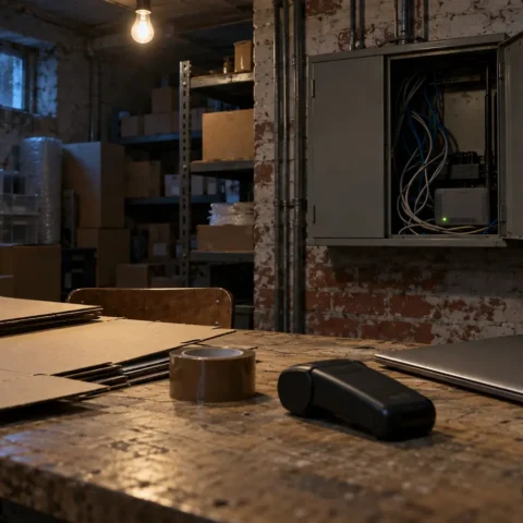 Arrière-boutique de commerce en ligne la nuit, armoire technique laissée ouverte avec sa clé