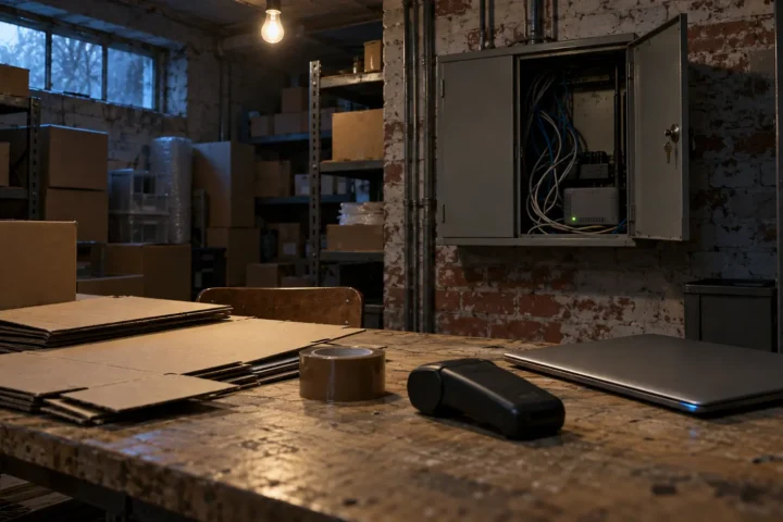 Arrière-boutique de commerce en ligne la nuit, armoire technique laissée ouverte avec sa clé