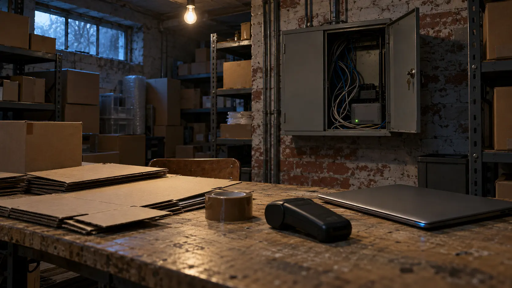 Arrière-boutique de commerce en ligne la nuit, armoire technique laissée ouverte avec sa clé