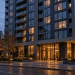 Façade d'une tour résidentielle du centre-ville au crépuscule, trottoir désert