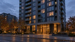 Façade d'une tour résidentielle du centre-ville au crépuscule, trottoir désert