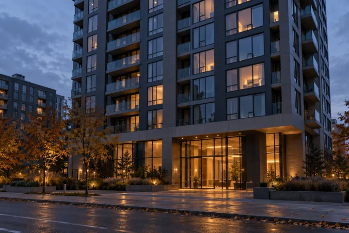 Façade d'une tour résidentielle du centre-ville au crépuscule, trottoir désert