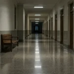 Corridor désert d'un palais de justice éclairé au néon en soirée