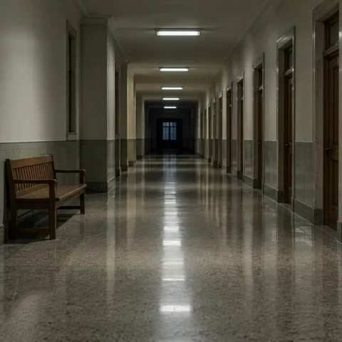 Corridor désert d'un palais de justice éclairé au néon en soirée