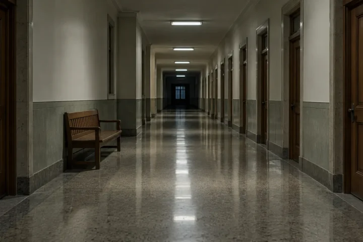 Corridor désert d'un palais de justice éclairé au néon en soirée
