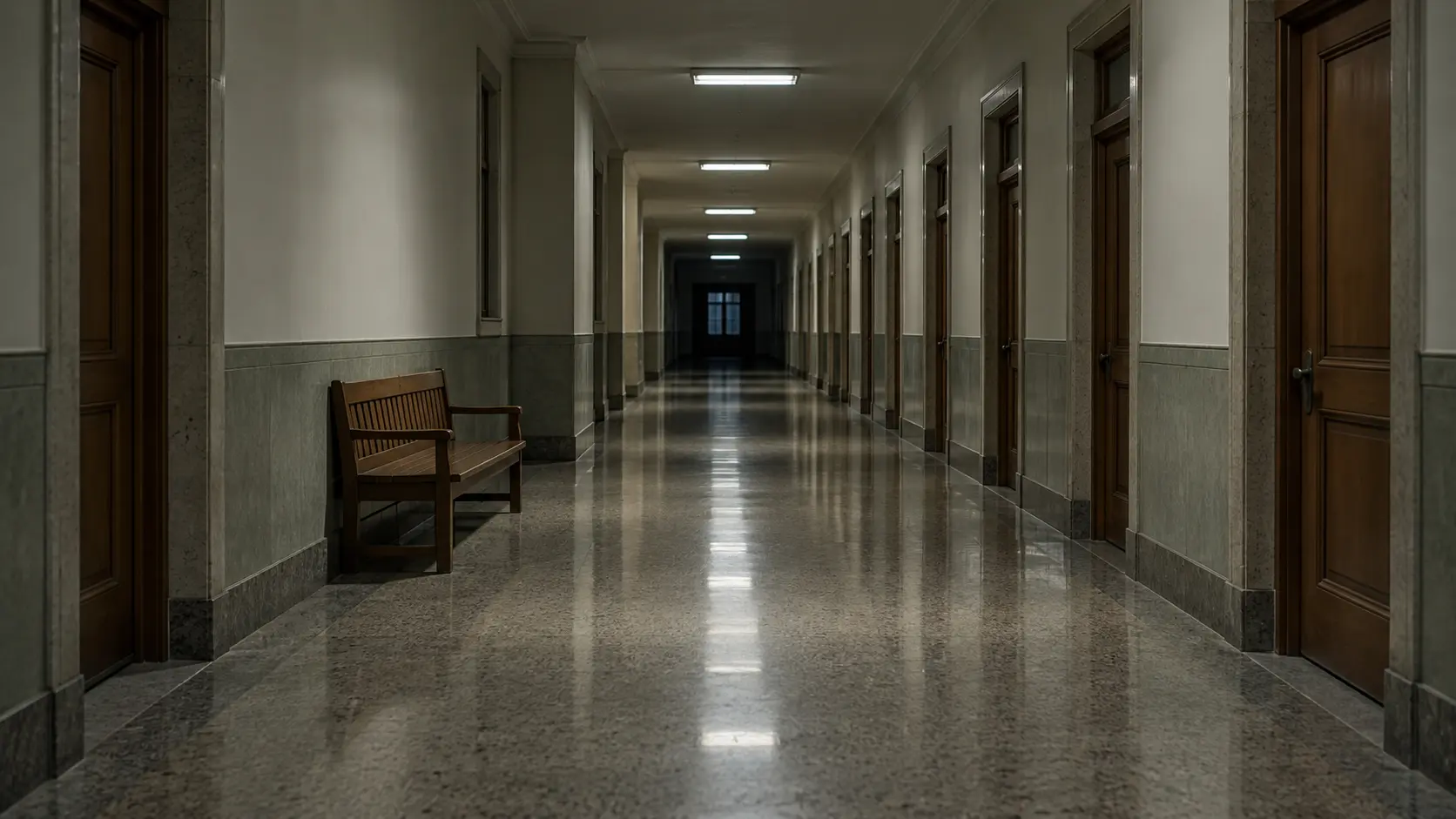 Corridor désert d'un palais de justice éclairé au néon en soirée
