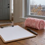Contrat de service vierge, stylo et échantillon d’isolant posés sur une table
