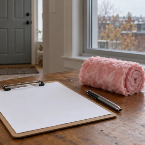 Contrat de service vierge, stylo et échantillon d’isolant posés sur une table
