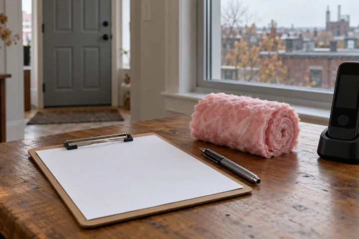 Contrat de service vierge, stylo et échantillon d’isolant posés sur une table