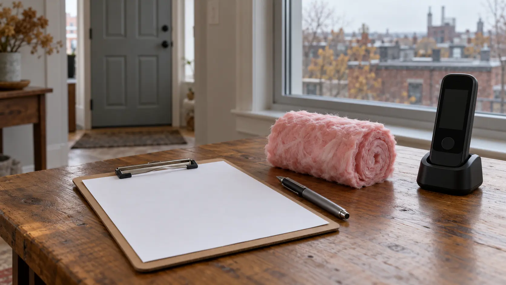 Contrat de service vierge, stylo et échantillon d’isolant posés sur une table