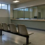Guichet de service fermé et rangées de chaises vides dans une salle d’attente