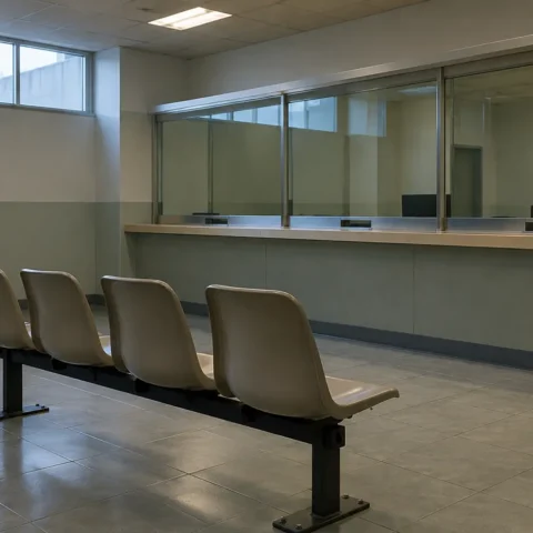 Guichet de service fermé et rangées de chaises vides dans une salle d’attente
