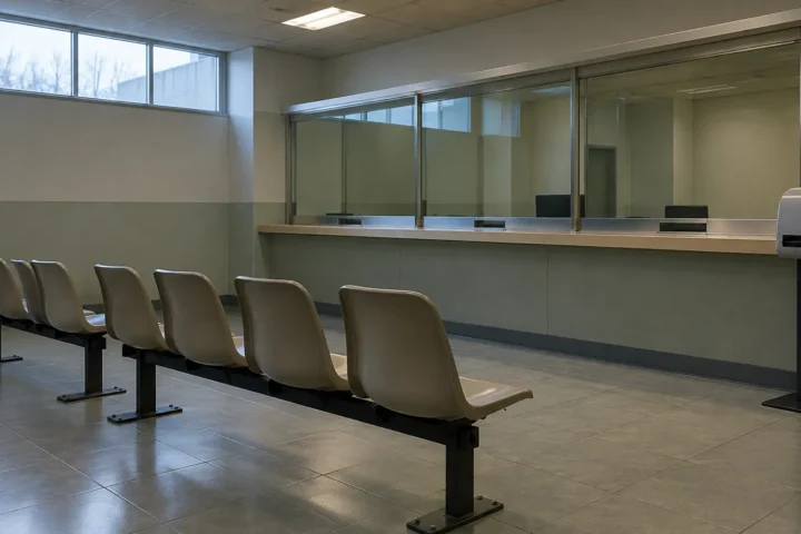 Guichet de service fermé et rangées de chaises vides dans une salle d’attente