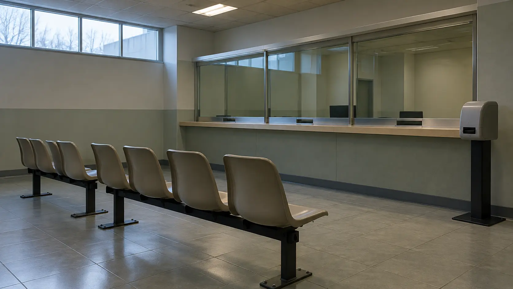 Guichet de service fermé et rangées de chaises vides dans une salle d’attente