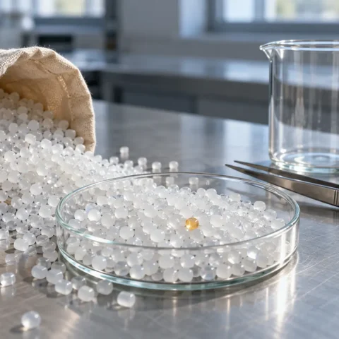 Granules de résine plastique répandus sur une paillasse de laboratoire en acier