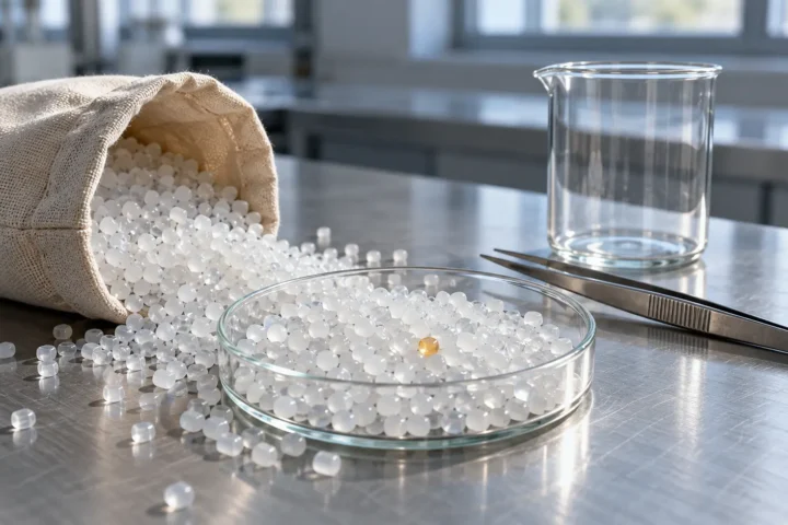 Granules de résine plastique répandus sur une paillasse de laboratoire en acier