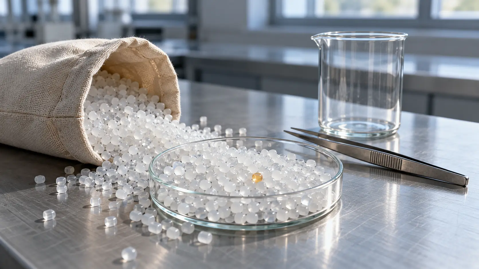 Granules de résine plastique répandus sur une paillasse de laboratoire en acier