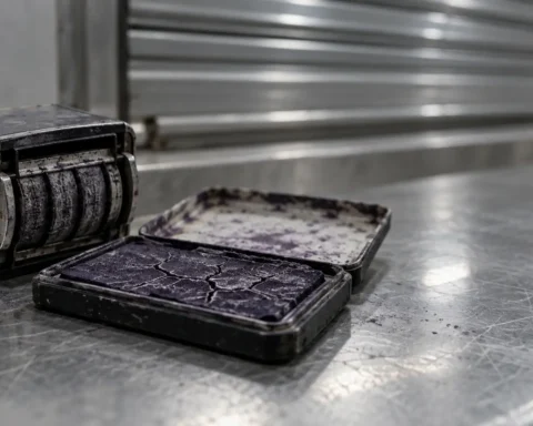 Tampon dateur couché près d'un tampon encreur desséché, devant un guichet fermé.