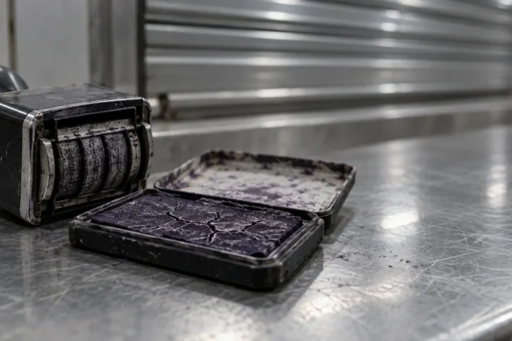 Tampon dateur couché près d'un tampon encreur desséché, devant un guichet fermé.