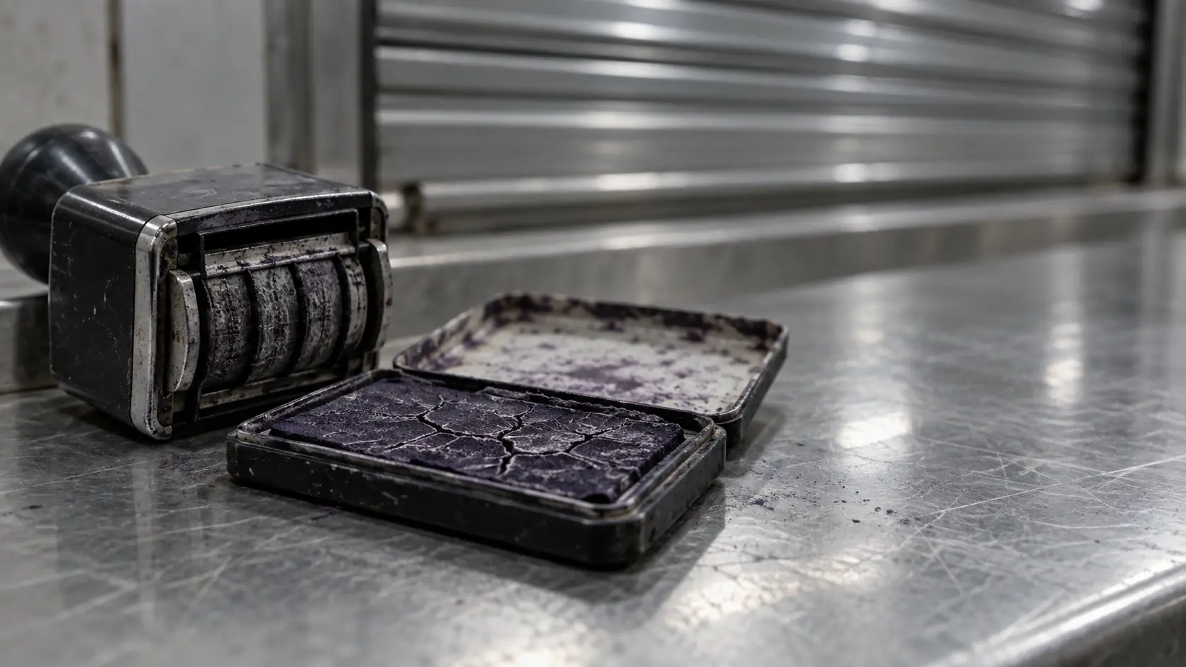 Tampon dateur couché près d'un tampon encreur desséché, devant un guichet fermé.