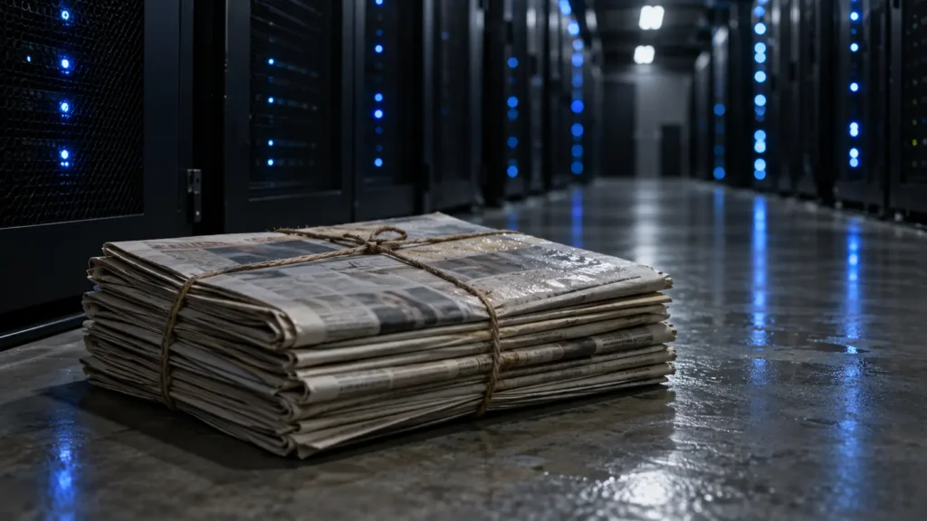 Une pile de journaux ficelés posée au sol dans l'allée d'une salle de serveurs.