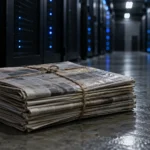 Une pile de journaux ficelés posée au sol dans l'allée d'une salle de serveurs.