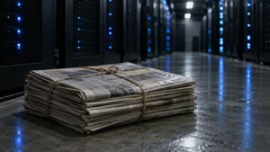 Une pile de journaux ficelés posée au sol dans l'allée d'une salle de serveurs.