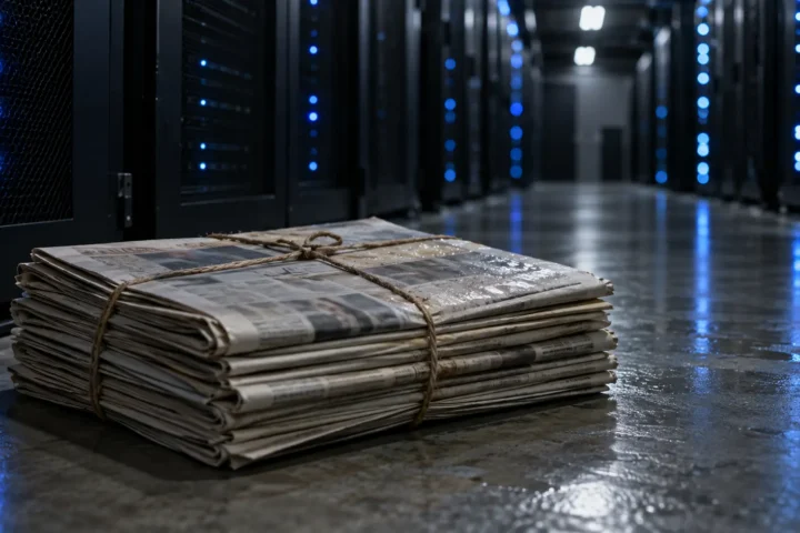 Une pile de journaux ficelés posée au sol dans l'allée d'une salle de serveurs.