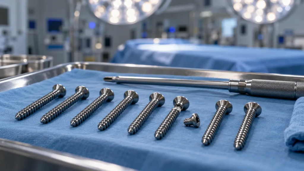 Vis orthopédiques en titane alignées sur un plateau chirurgical, dont une rompue sous la tête