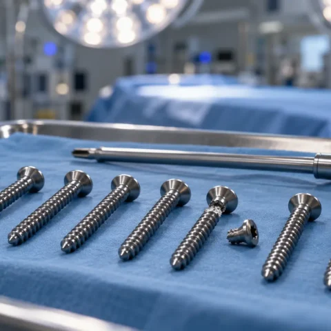 Vis orthopédiques en titane alignées sur un plateau chirurgical, dont une rompue sous la tête