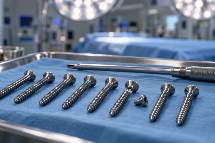 Vis orthopédiques en titane alignées sur un plateau chirurgical, dont une rompue sous la tête