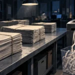 Piles de journaux vierges et déchiqueteuse remplie de bandes de papier journal