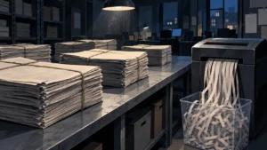 Piles de journaux vierges et déchiqueteuse remplie de bandes de papier journal