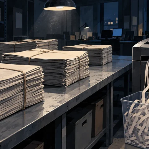 Piles de journaux vierges et déchiqueteuse remplie de bandes de papier journal