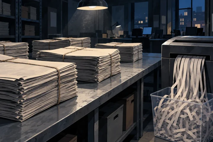 Piles de journaux vierges et déchiqueteuse remplie de bandes de papier journal