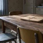 Table de cuisine en bois, quatre chaises vides et un dossier judiciaire fermé
