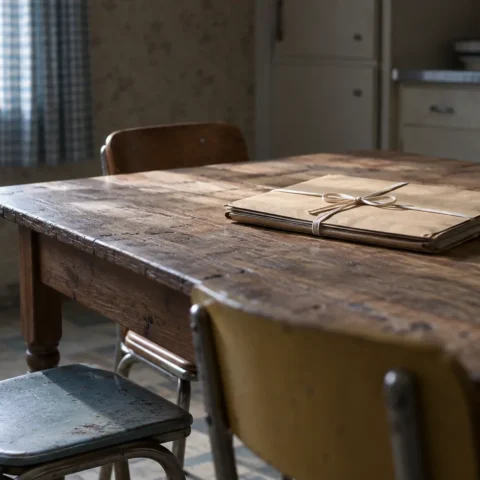 Table de cuisine en bois, quatre chaises vides et un dossier judiciaire fermé