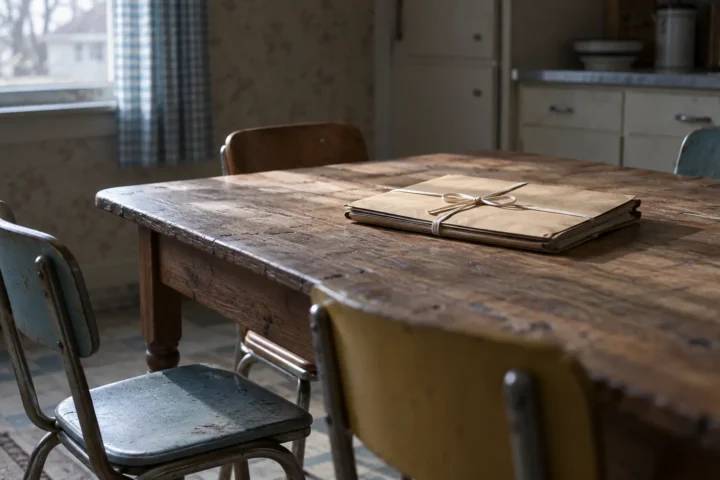Table de cuisine en bois, quatre chaises vides et un dossier judiciaire fermé