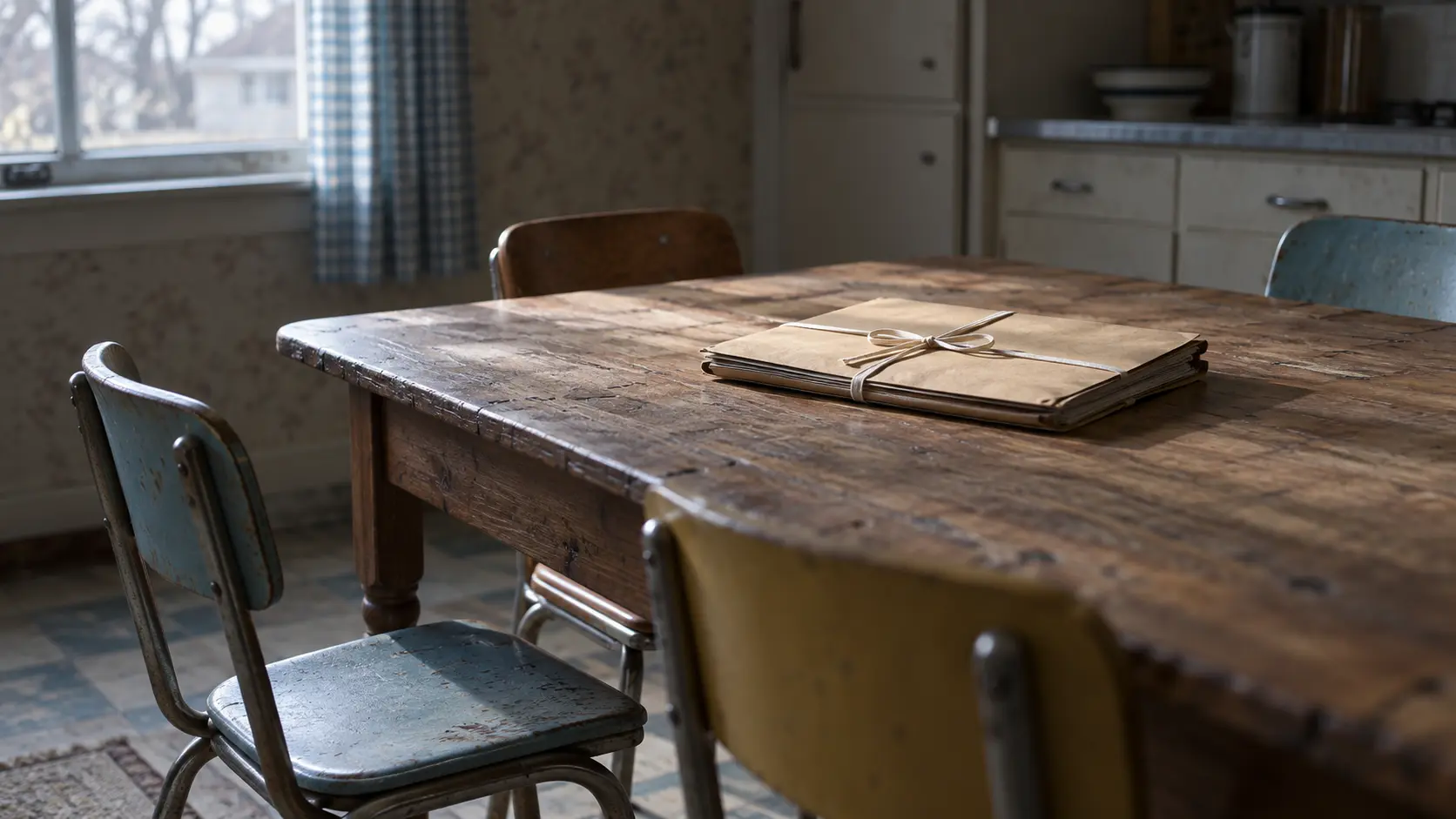 Table de cuisine en bois, quatre chaises vides et un dossier judiciaire fermé