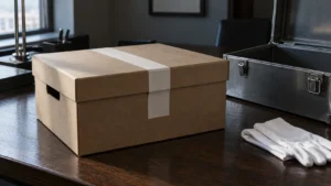 Boîte d'archives scellée sur une table de bureau, à côté d'une caisse d'acier vide