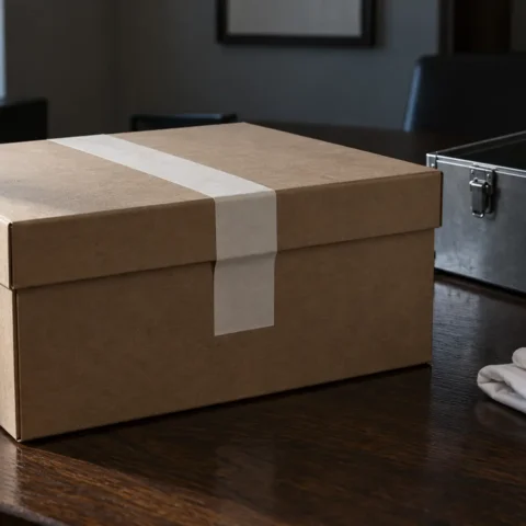 Boîte d'archives scellée sur une table de bureau, à côté d'une caisse d'acier vide