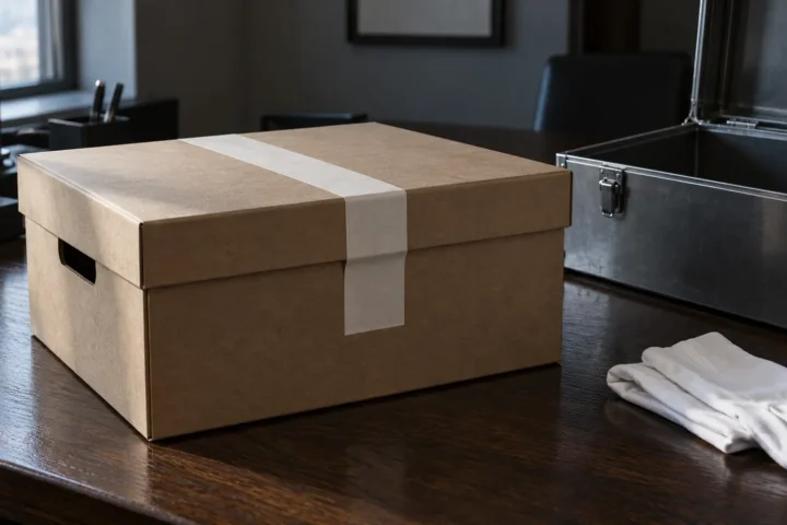 Boîte d'archives scellée sur une table de bureau, à côté d'une caisse d'acier vide