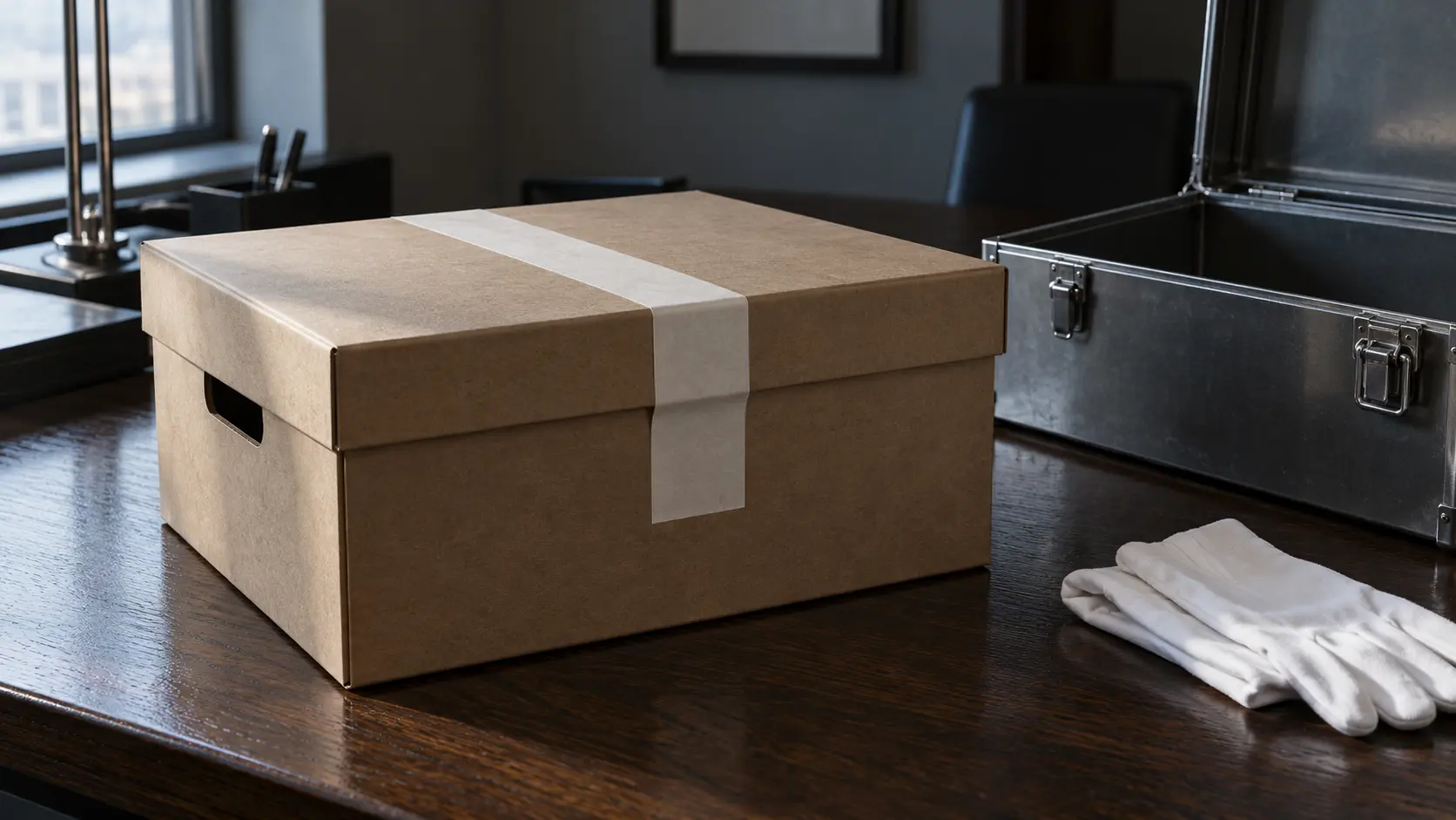 Boîte d'archives scellée sur une table de bureau, à côté d'une caisse d'acier vide
