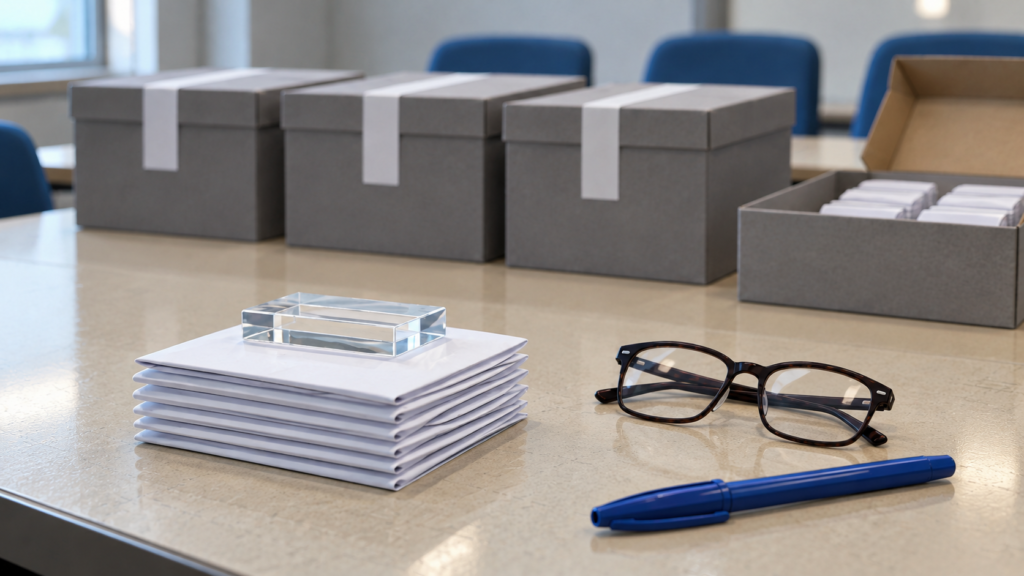 Boîtes de scrutin scellées et bulletins pliés sur une table, une petite pile mise à part