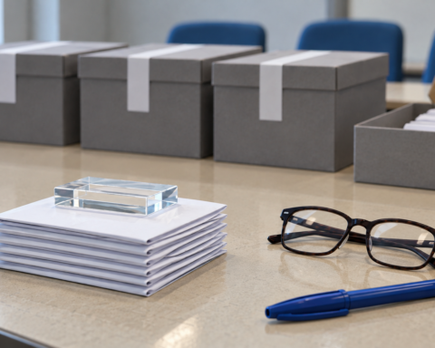 Boîtes de scrutin scellées et bulletins pliés sur une table, une petite pile mise à part