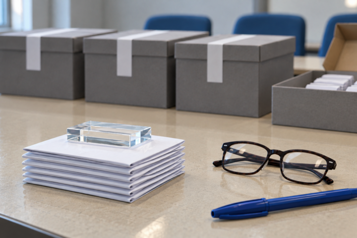 Boîtes de scrutin scellées et bulletins pliés sur une table, une petite pile mise à part