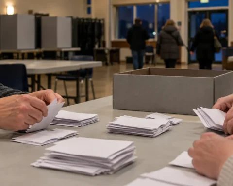 Mains de scrutateurs triant à la main des bulletins de vote près d'une urne sans emblème, dans un bureau de vote en fin de soirée
